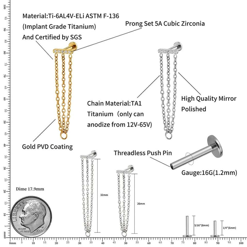 Titanium Triple Chain Faux Hoop Labret Threadless push pin specs