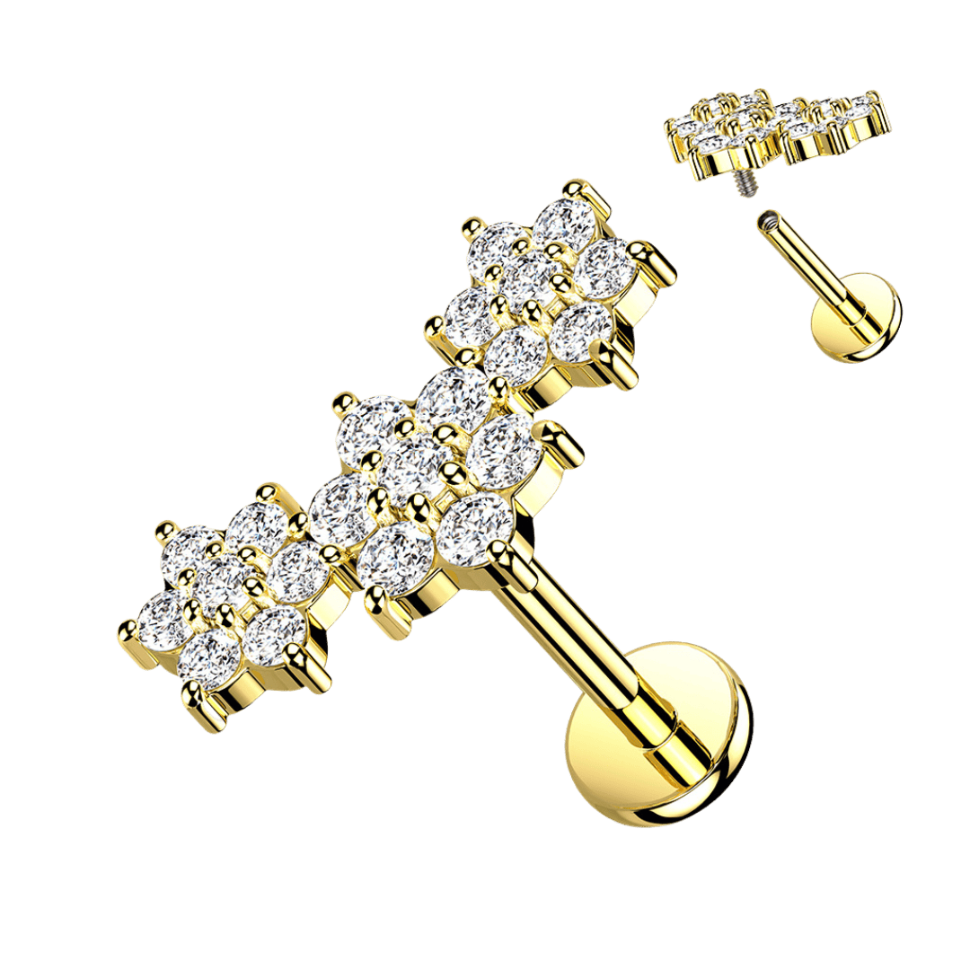 stainless steel triple flower cluster labret earring gold color