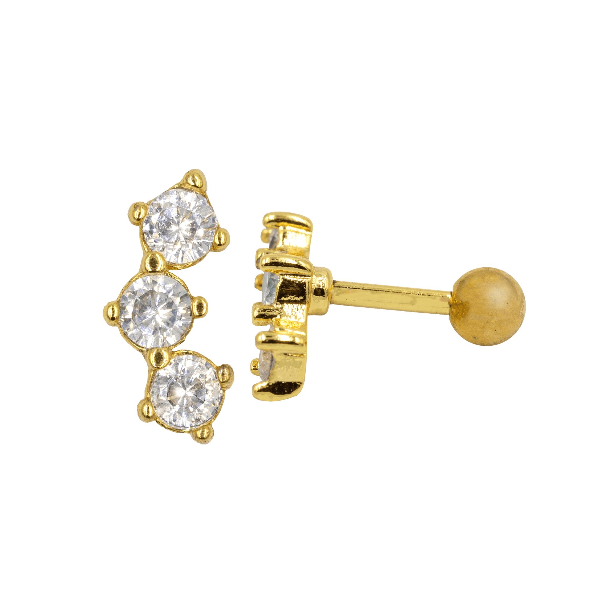 gold color triple gem cluster barbell