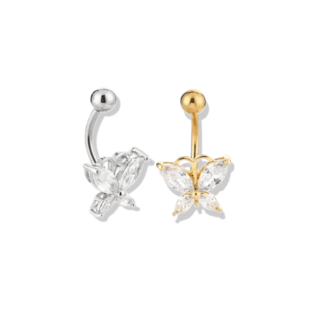 butterfly cz stainless steel belly barbell 