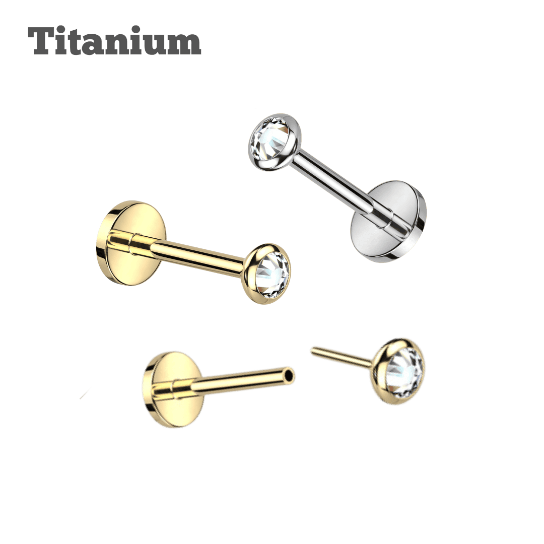 flat bezeled gem titanium threadless labret  earring