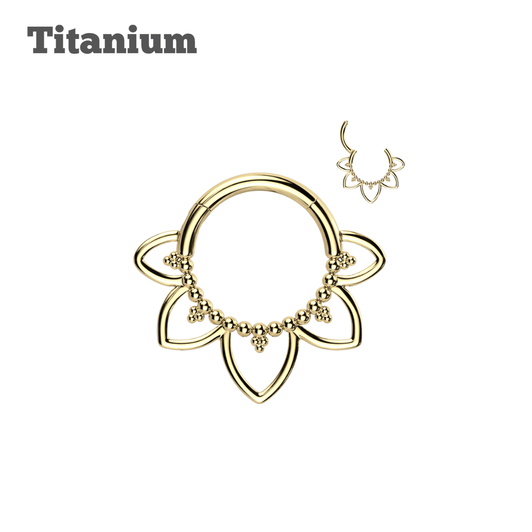 gold color titanium earring mandala hinged hoop for lobe tragus daith helix piercinggold color mandala titanium hinged hoop daith piercing jewelry
