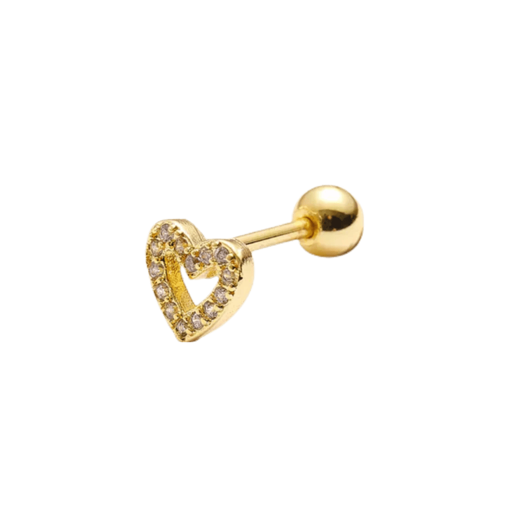 gold color earring paved heart barbell