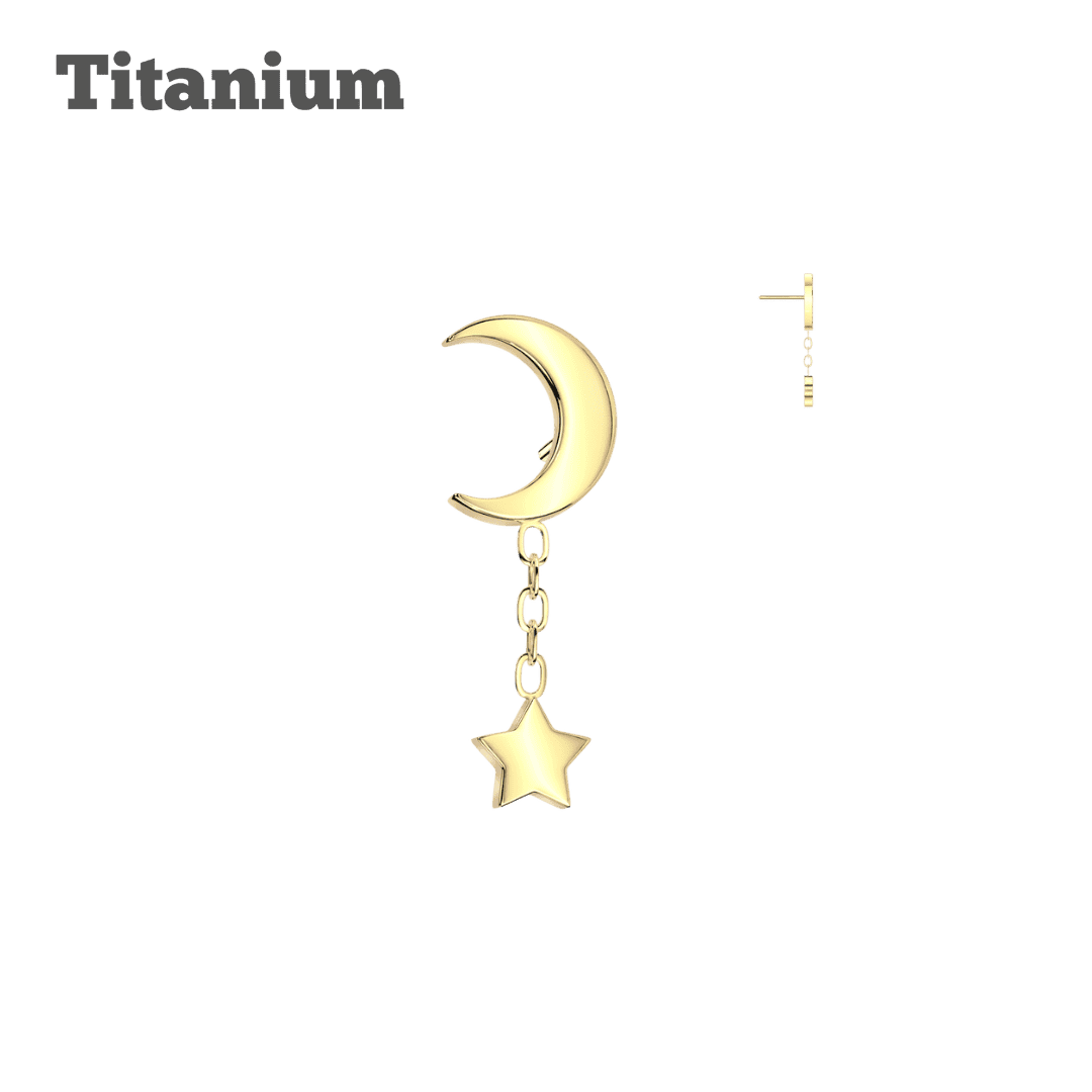 gold color titanium crescent moon with dangling star flat piercing earring