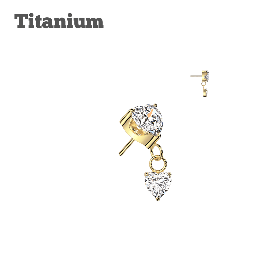 gold color dangling heart gem titanium threadless top for helix piercing