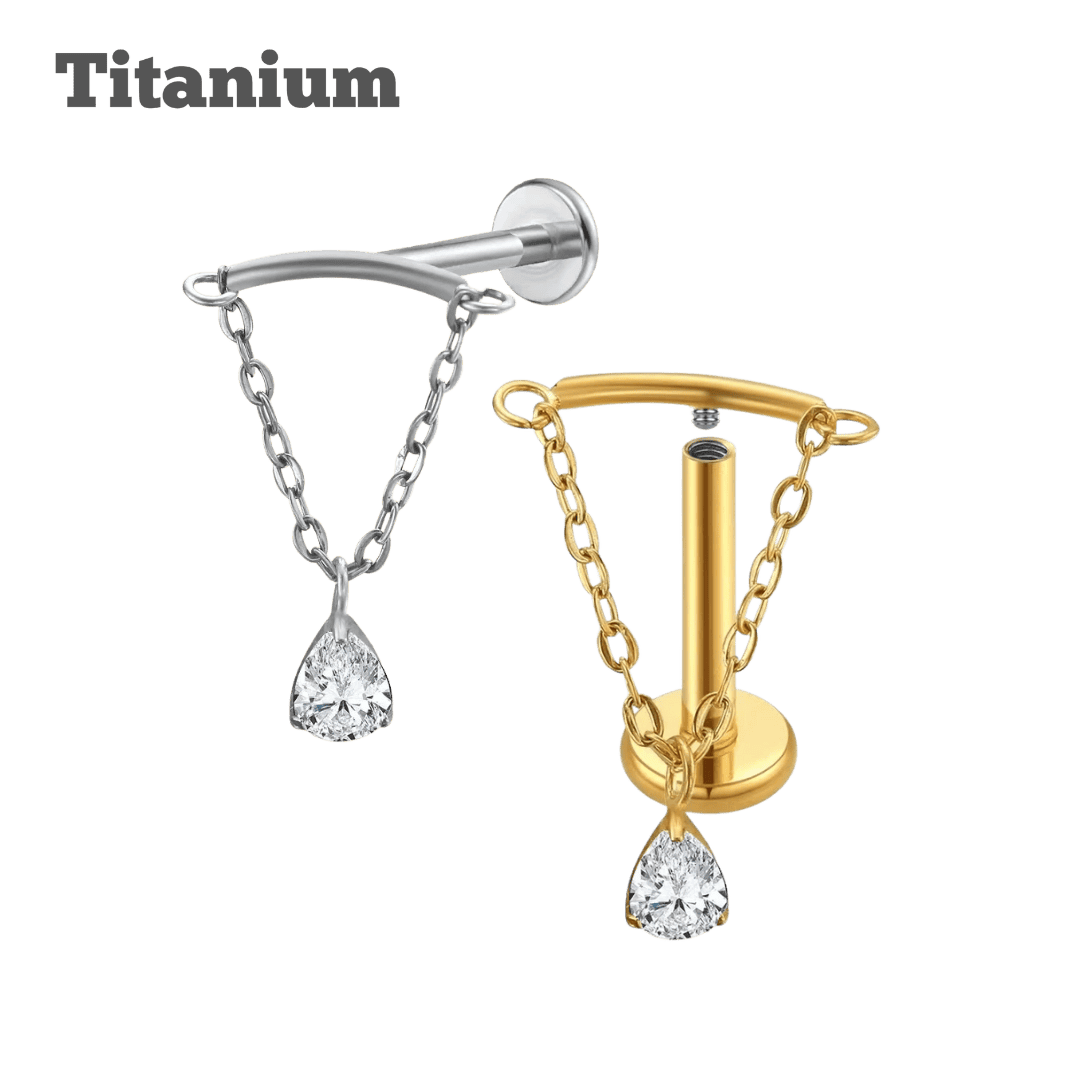 Titanium Floating Chain with Teardrop Gem Threaded Labret