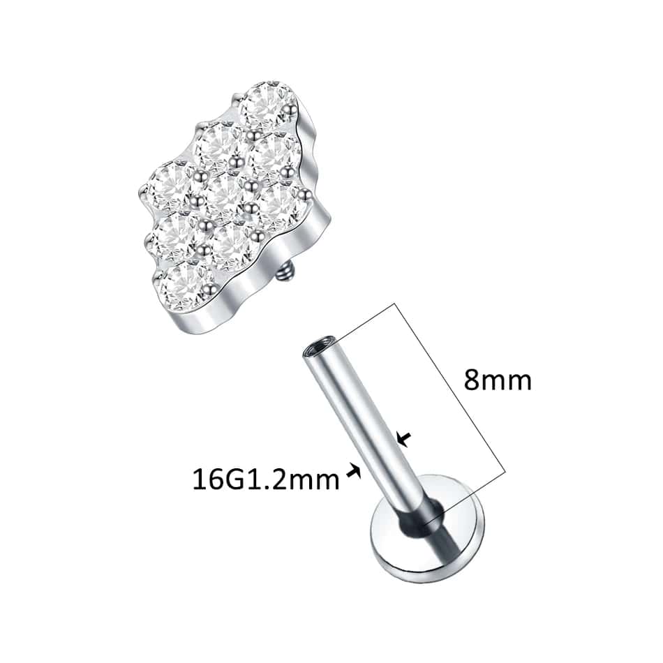 titanium studded diamond shape threaded labret earring size