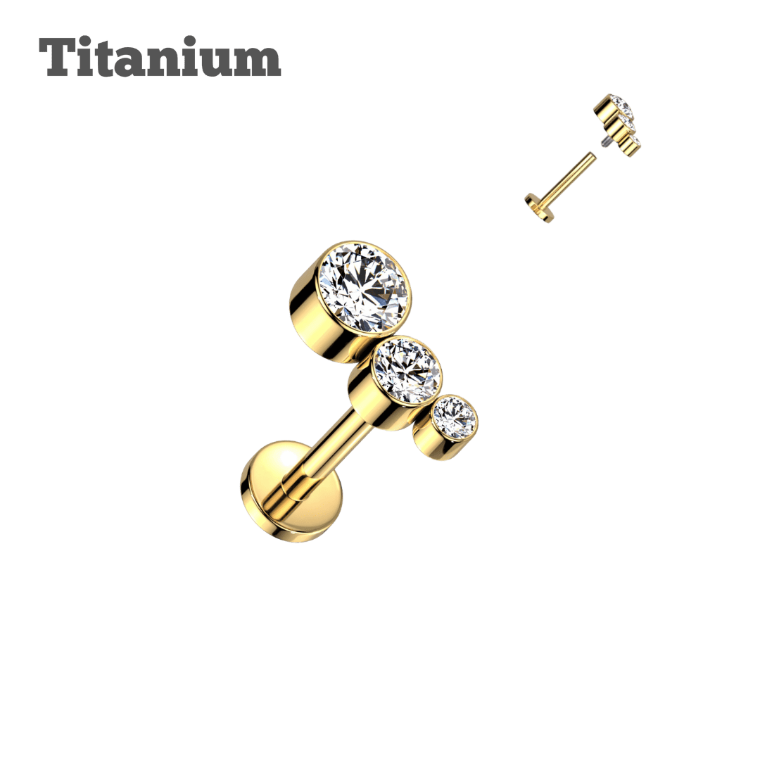 triple bezeled gem titanium threaded labret gold color earring
